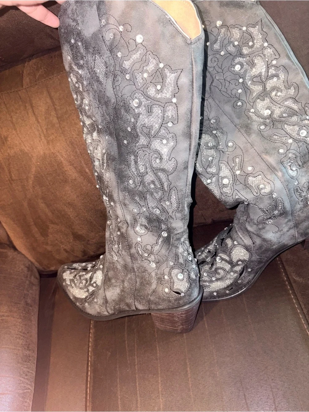 Embellished rhinestone sparkles Dark Grey Wide Calf Women's Tall Western Boot